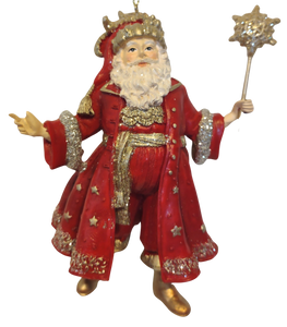 Resin Regal Red Santa with Gold Glitter Holding Assorted Topped Staff 5.5"