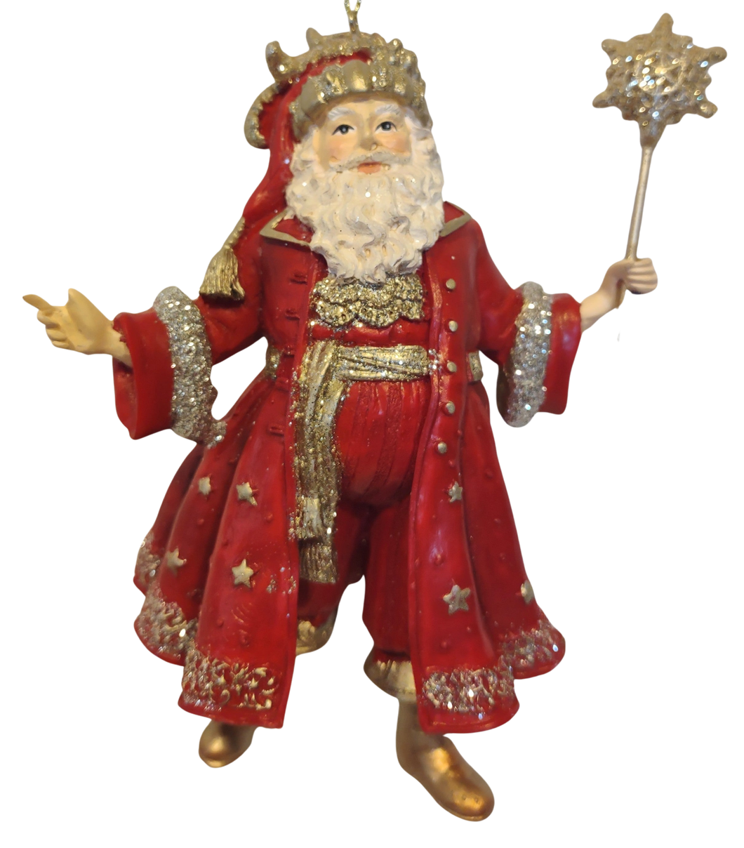 Resin Regal Red Santa with Gold Glitter Holding Assorted Topped Staff 5.5