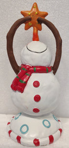 Red/White Snowman Figurine Wearing Red Scarf & Holding Star