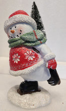 Load image into Gallery viewer, Skiing Snowman Figurine Wearing Red Jacket/Red Hat/Snowflakes with Backpack&amp; Tree
