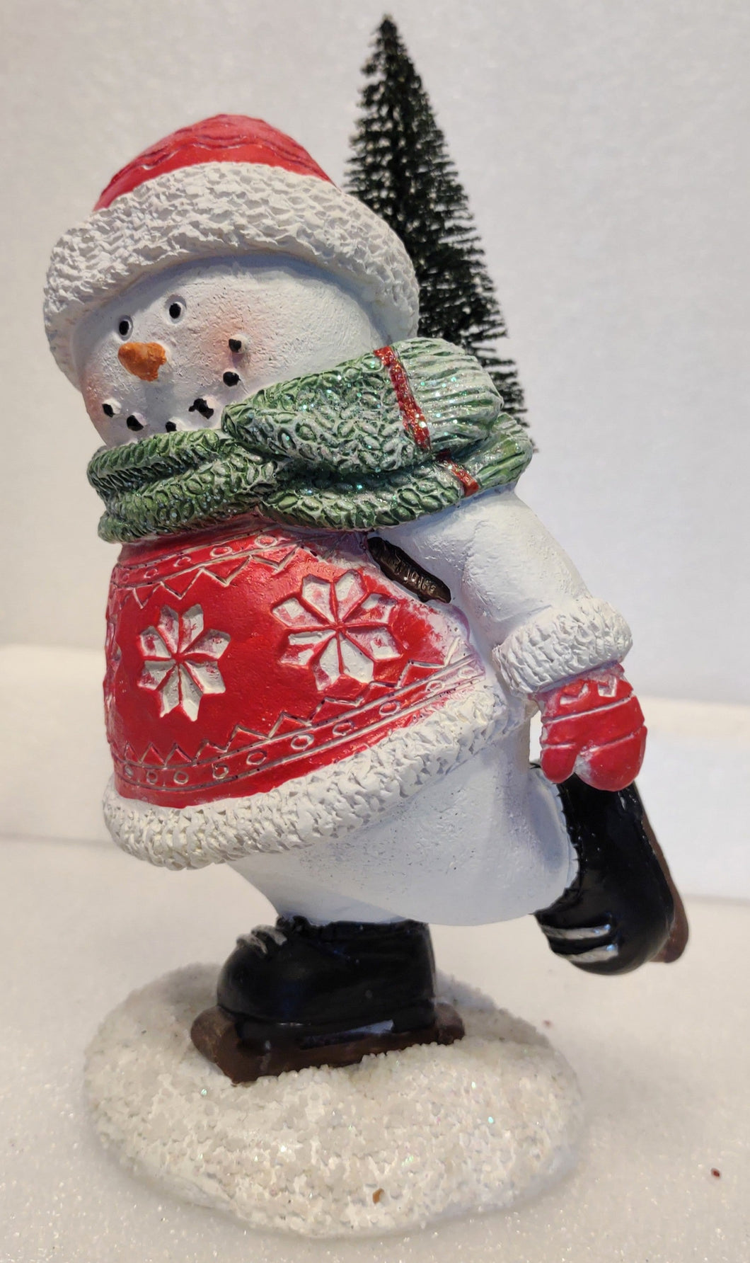 Skiing Snowman Figurine Wearing Red Jacket/Red Hat/Snowflakes with Backpack& Tree