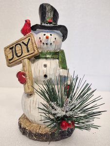 Jolly Snowman Figurine with Black Hat/Joy Sign & Red Cardinal