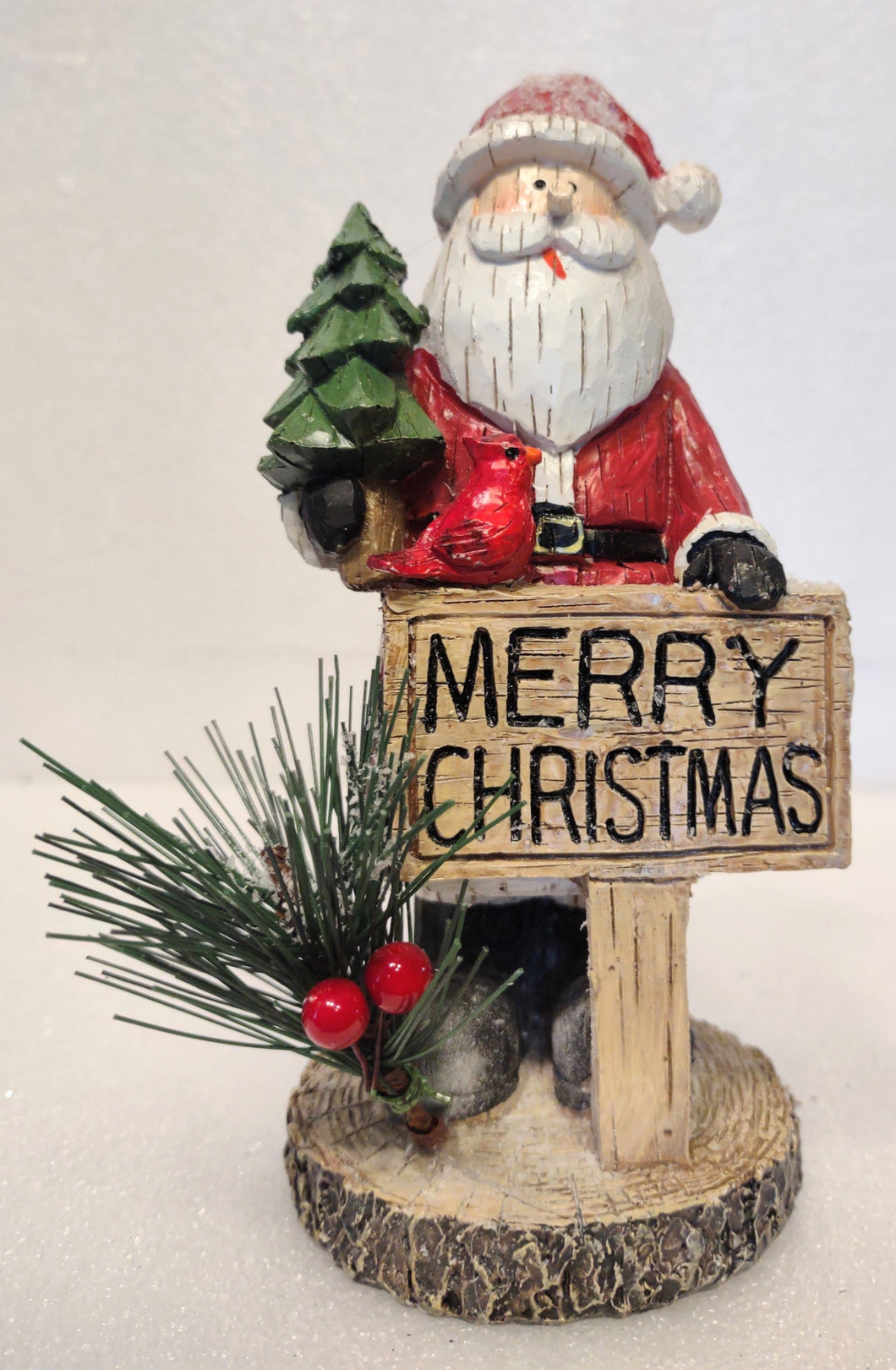 Jolly Santa Figurine Holding Christmas Tree & Merry Christmas Sign/Red Cardinal