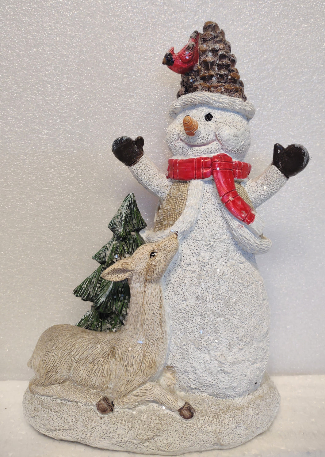 Snowman Wearing Red Scarf with Deer Laying Down By Christmas Tree Figurine