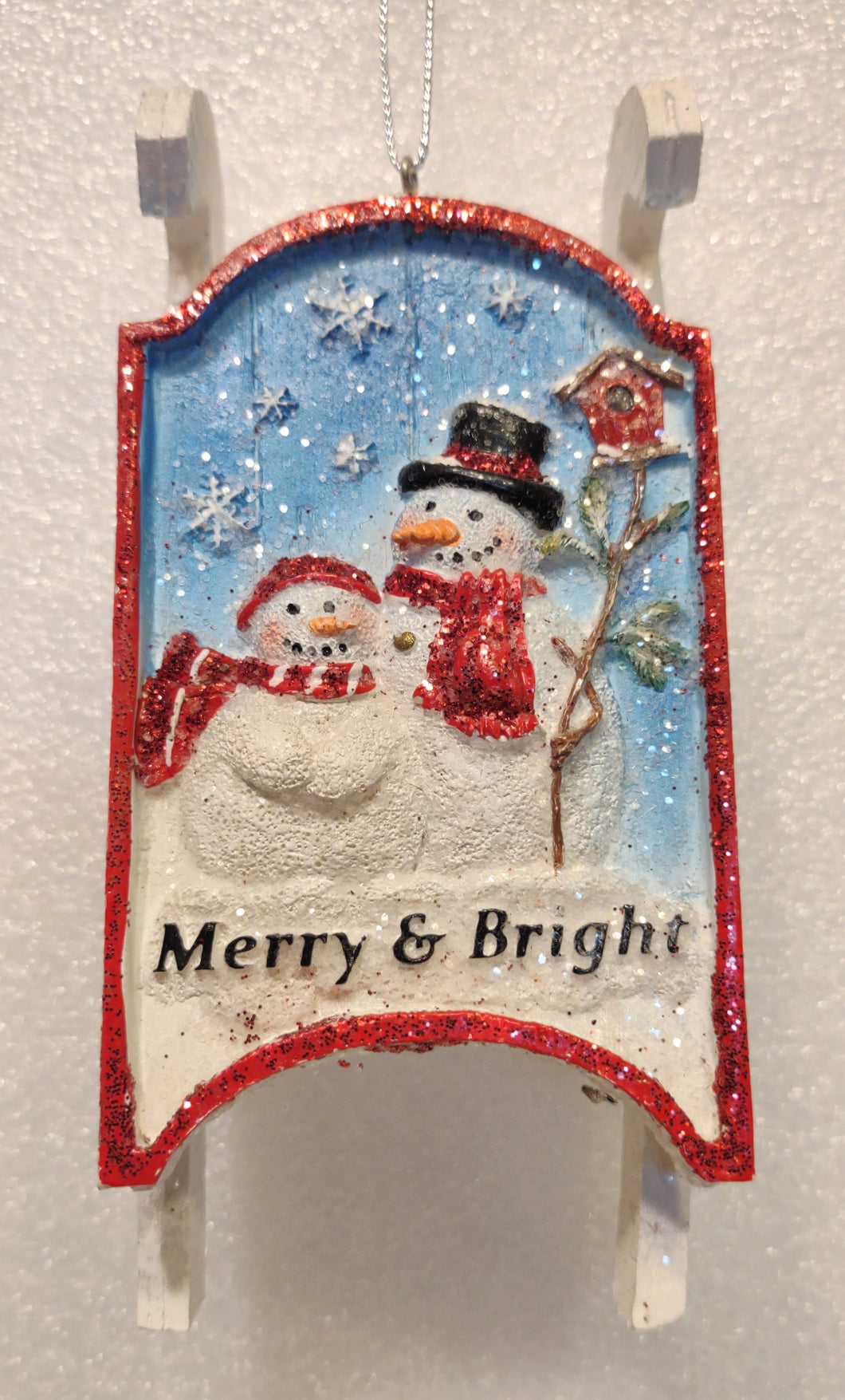 Wooden Snowman Sled Ornament with Two Snowmen in Winter Scene- Merry & Bright