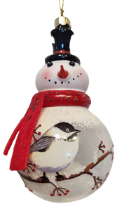Glass Snowman Ornament with Either Cardinal Or Chickadee Assortment