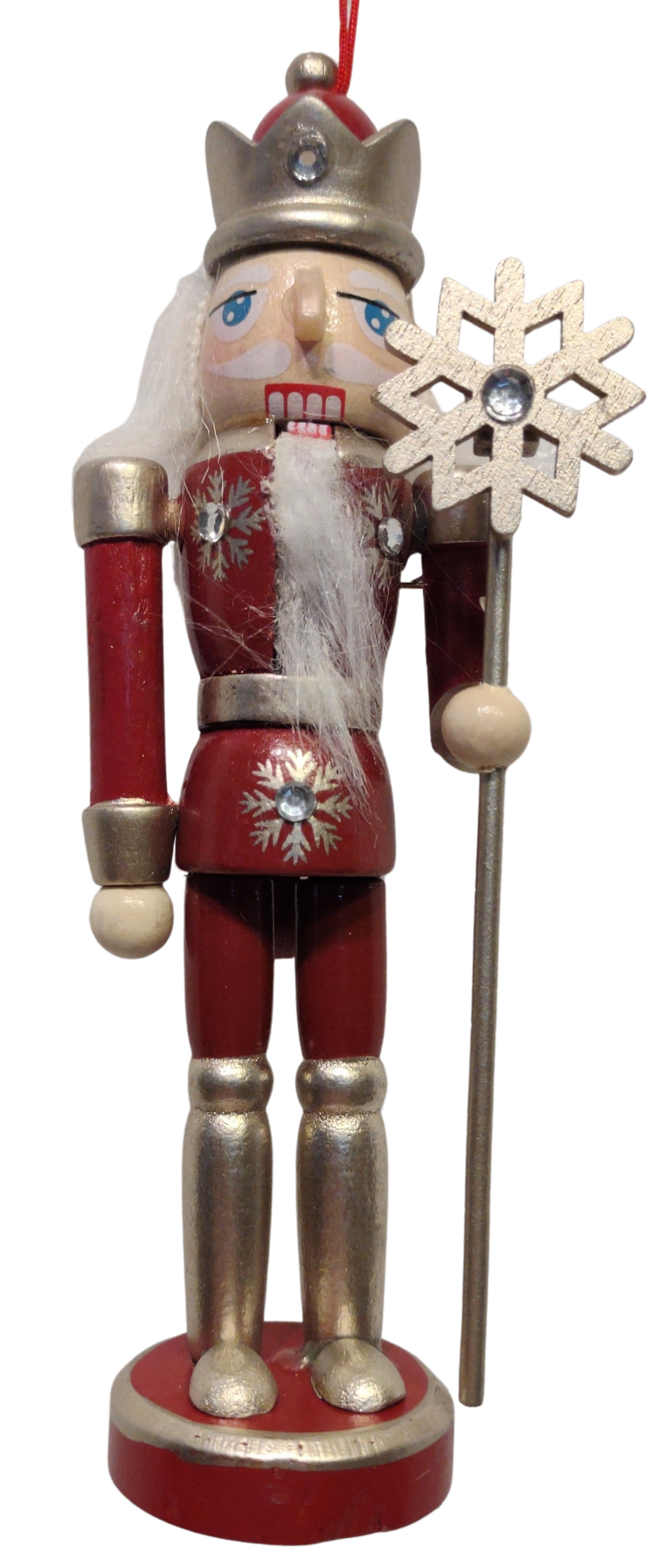 Regal Red & Platinum Nutcracker Ornament with a Snowflake Staff & Gemstone