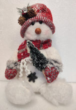 Load image into Gallery viewer, Plush Snowman with Red printed Winter Hat/Scarf holding a Sled, a Broom or Christmas Tree
