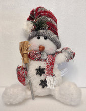 Load image into Gallery viewer, Plush Snowman with Red printed Winter Hat/Scarf holding a Sled, a Broom or Christmas Tree
