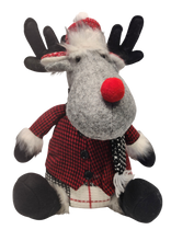 Load image into Gallery viewer, Plush Grey/ Red/Black/White Sitting Moose with Red/Black Santa Hat or with Red/White Winter Hat
