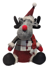 Load image into Gallery viewer, Plush Grey/ Red/Black/White Sitting Moose with Red/Black Santa Hat or with Red/White Winter Hat
