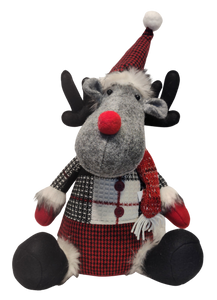 Plush Grey/ Red/Black/White Sitting Moose with Red/Black Santa Hat or with Red/White Winter Hat