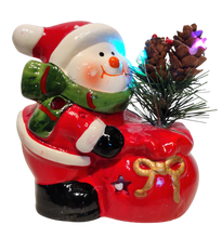 Load image into Gallery viewer, Ceramic Snowman or Santa Figurine with Santa&#39;s Sack- Lights up with Flashing Lights

