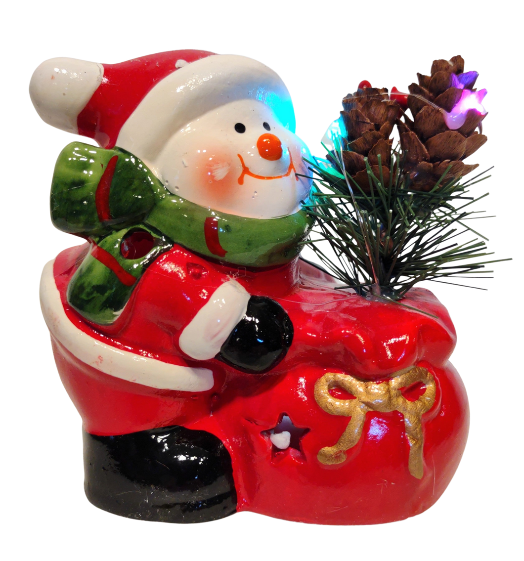 Ceramic Snowman or Santa Figurine with Santa's Sack- Lights up with Flashing Lights
