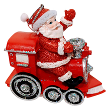 Load image into Gallery viewer, Santa Sitting Red Car or Train Ornament Assortment with Glitter
