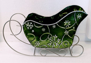 Green metal Christmas sleigh with snowflakes 7"x12"