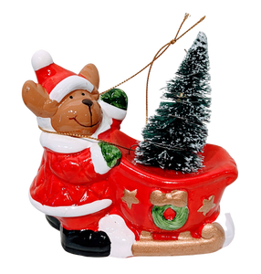 Ceramic Bear in Santa Suit Pushing Red Sleigh Ornament