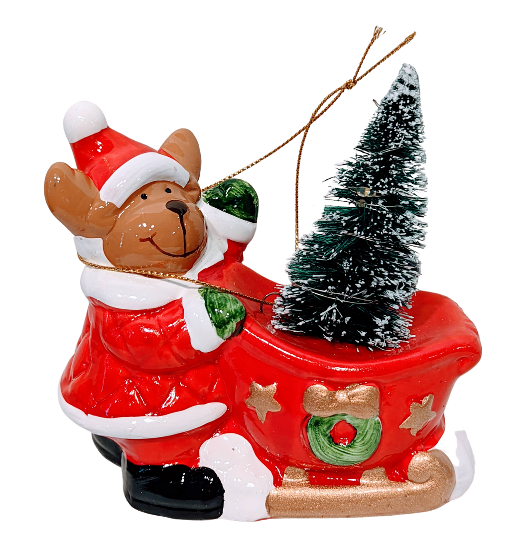 Ceramic Bear in Santa Suit Pushing Red Sleigh Ornament