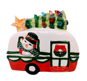 Ceramic Christmas Camper with Snowman & Christmas Tree