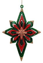 Load image into Gallery viewer, Red, Green and Gold Glittered Bethlehem Star Ornament Assortment see
