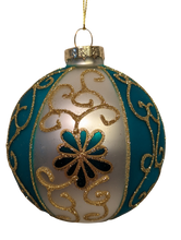 Load image into Gallery viewer, Gold, Dark Teal and White Embellished Glass Ball Ornaments Assortment
