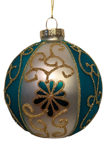 Gold, Dark Teal and White Embellished Glass Ball Ornaments Assortment