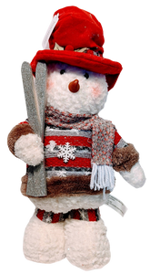 Plush Snowman with Winter Hat & Scarf Holding Broom, Shovel or Skis