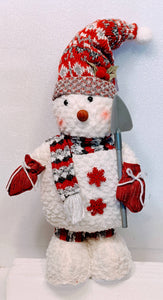 Plush Snowman with Winter Hat & Scarf Holding Broom, Shovel or Skis