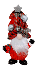 Load image into Gallery viewer, Gnome Figurine with Snow Hat Holding Candy Cane, Holding Present Or Hands in the Air
