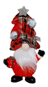 Gnome Figurine with Snow Hat Holding Candy Cane, Holding Present Or Hands in the Air