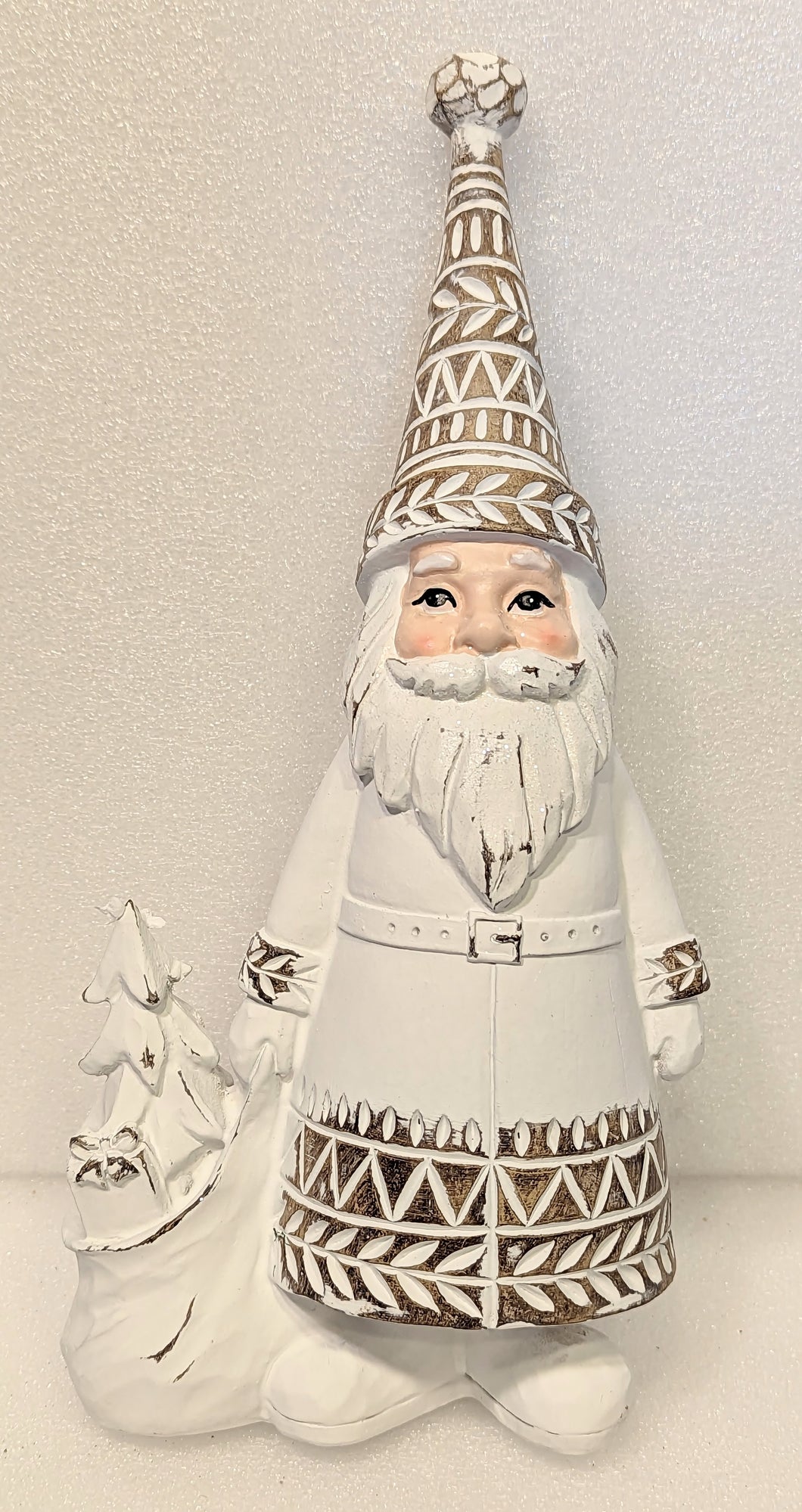 White Carved Santa Figurine with Sack of Christmas Gifts