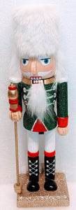 Wooden Red/Green Nutcracker with White Fuzzy Hat