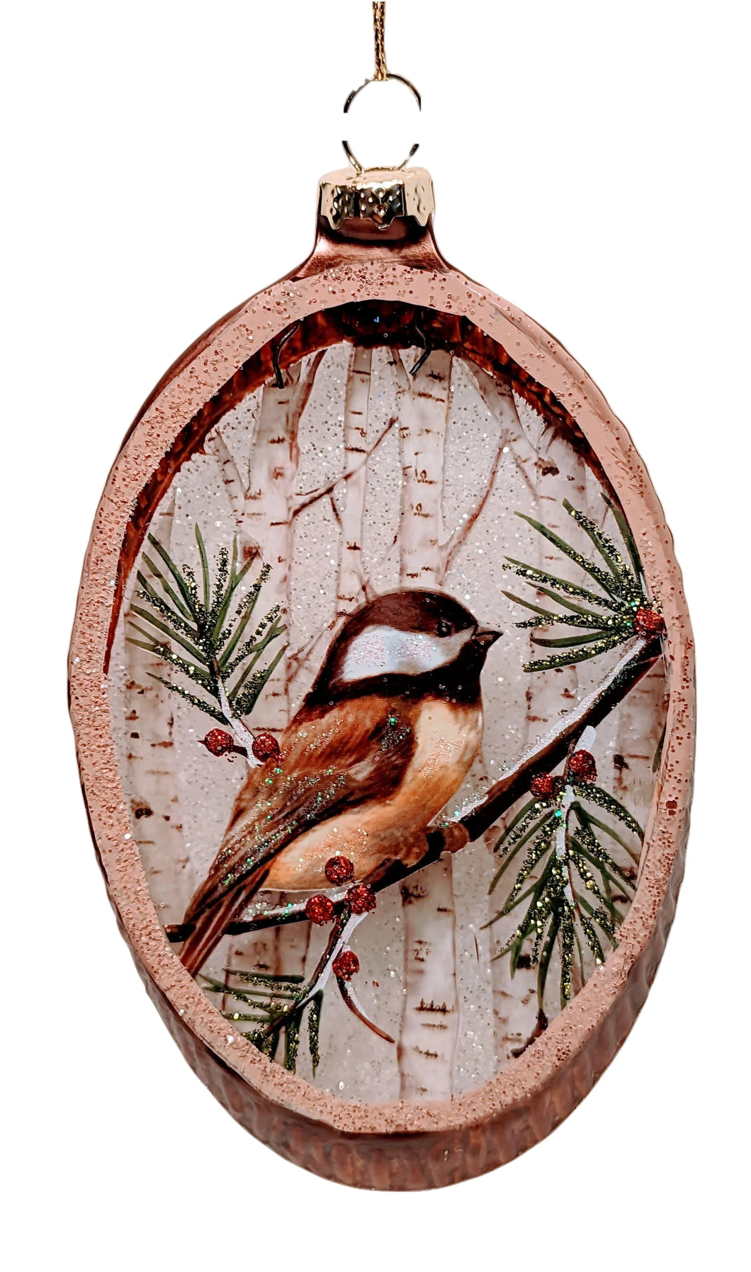 Glass Woodland Painted Winter Scene with Chickadee Ornament