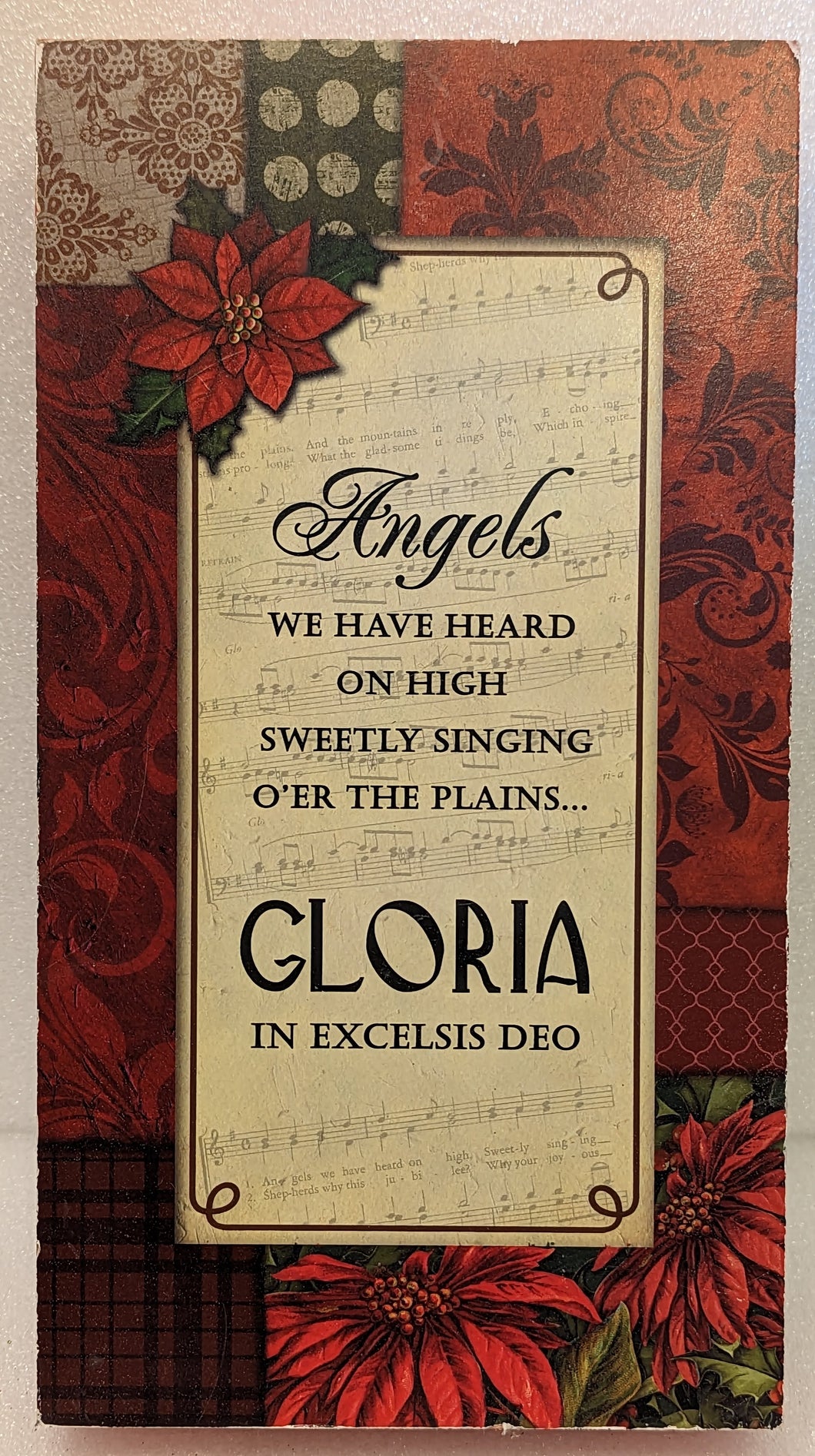 Red Printed Poinsettia Plaque-  Angels We Have heard On High