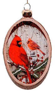Glass Woodland Painted Winter Scene with 2 Red Cardinals Ornament