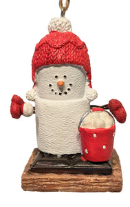 Smore Snowball Ornament Wearing Red Winter Hat with Bucket of Snowballs