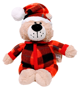 Plush Bedtime Bear with Red Plaid Winter Pajamas & Hat