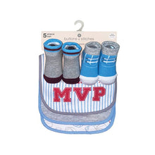 Load image into Gallery viewer, Blue Baseball MVP 5 Piece Bib &amp; Sock Set
