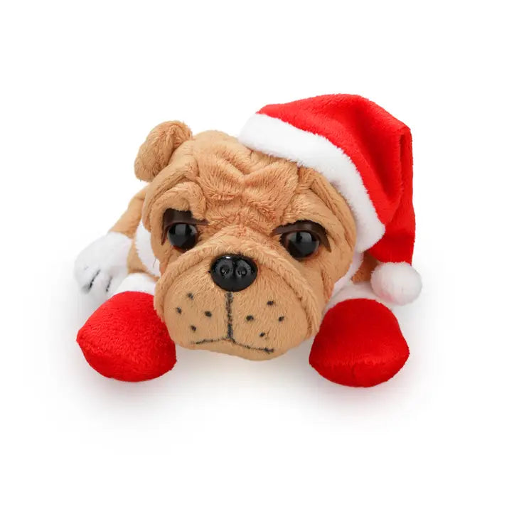 Plush Christmas Bulldog with Red Santa Hat