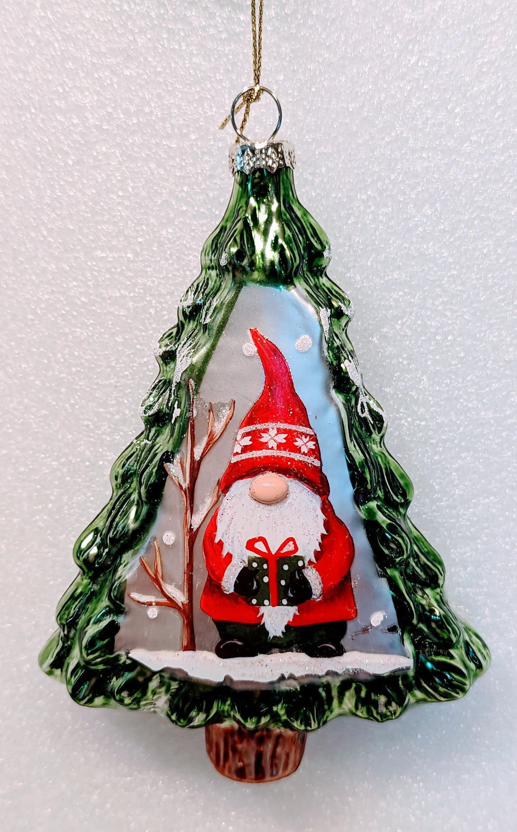 Glass Christmas Tree Ornament with Gnome Holding Christmas Gift with Winter Scene