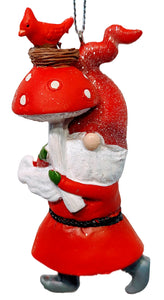 Christmas Gnome Ornament Holding Mushroom with Red Cardinal on Top