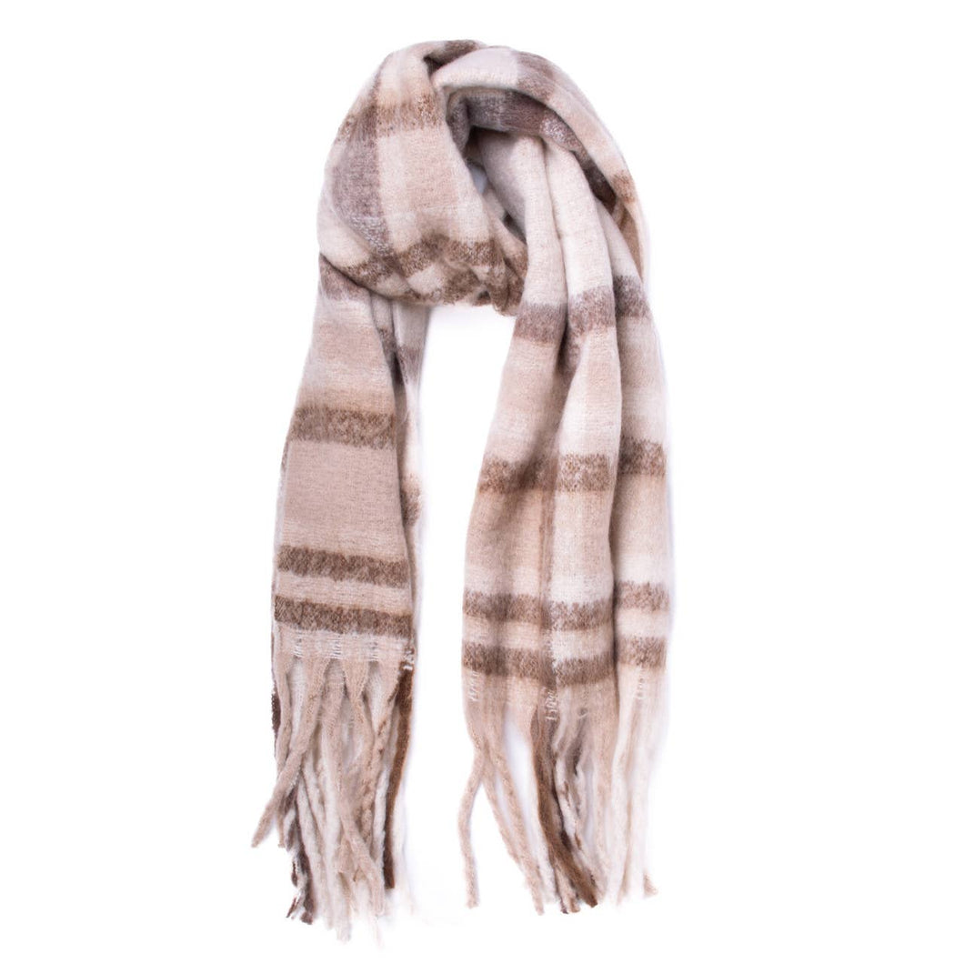 Ladies Cashmere Feel Beige Striped Tassel Scarf