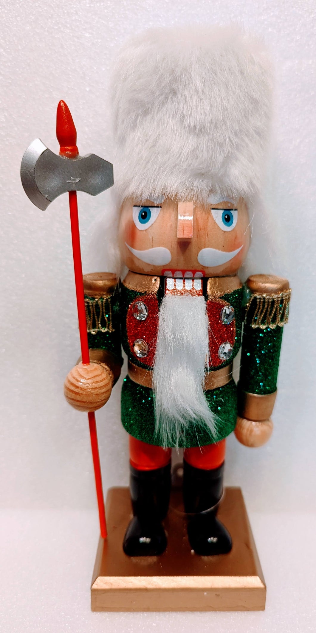 Green/Red/Gold Wooden Short Stack Nutcracker with White Fuzzy Hat & Staff