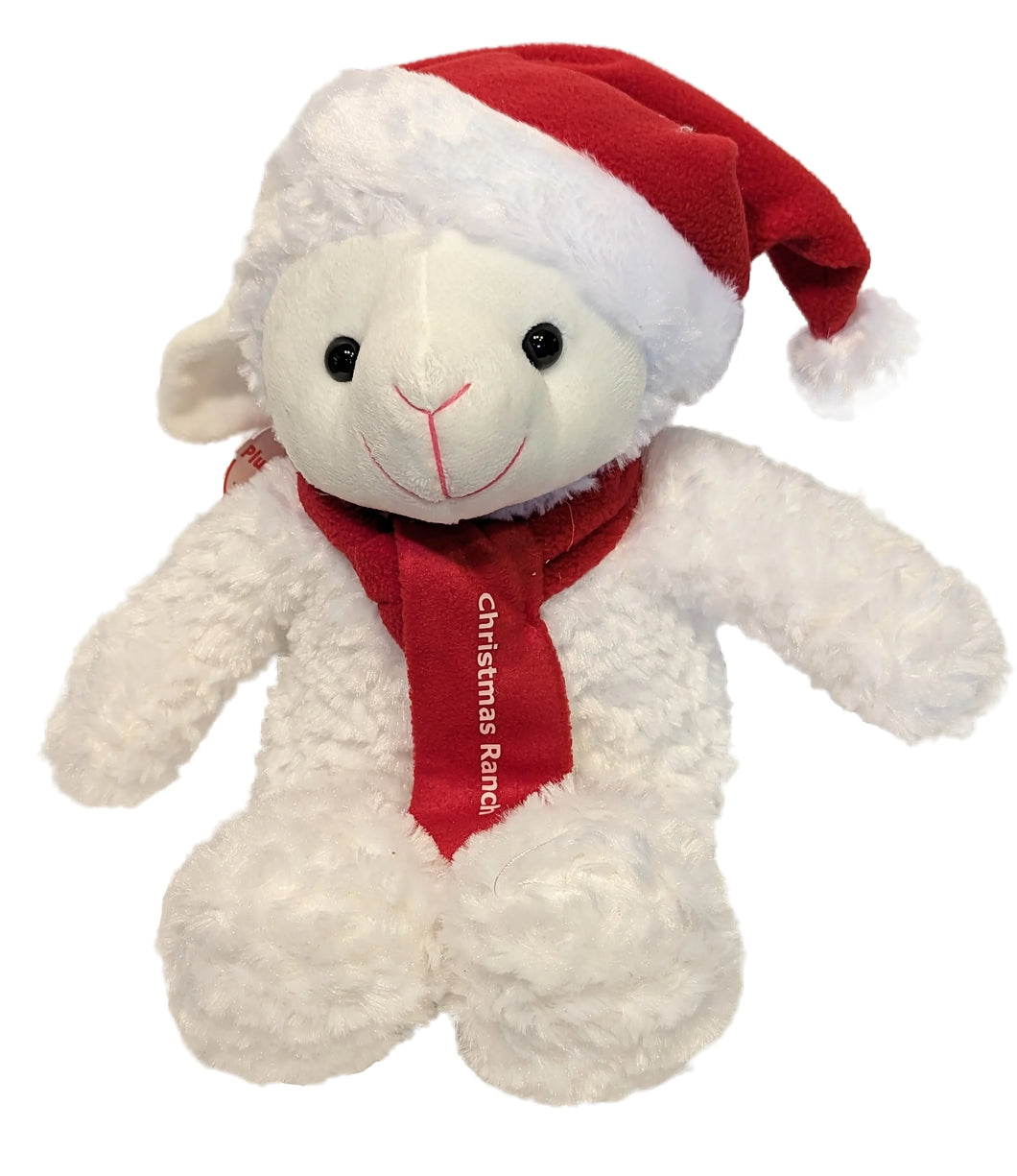 Plush Christmas Lamb with Red Santa Hat & Red Scarf with Christmas Ranch
