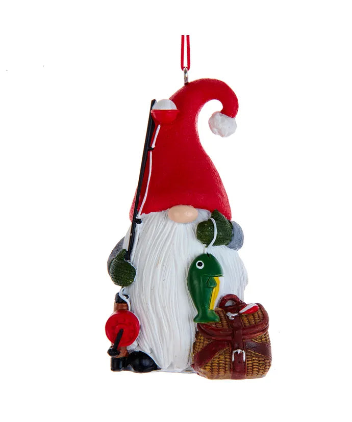 Gnome Fisherman Ornament with Fishing Pole & Tackle Box