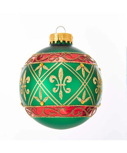 Green Glass Ball Ornament with Red & Gold Fleur-De-Lis Design