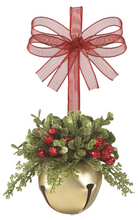 Load image into Gallery viewer, Red Or Gold Mistletoe Sleigh Bells Ornament with Greenery &amp; Red Berries
