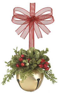 Red Or Gold Mistletoe Sleigh Bells Ornament with Greenery & Red Berries