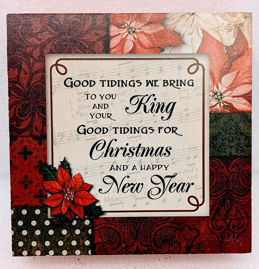 Red Printed Poinsettia Plaque- Good Tidings for Christmas & A Happy New Year