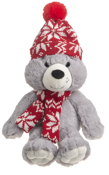 Plush Grey Bear with red Hat & Scarf